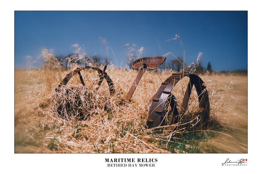 Maritime Relics, Retired Hay Mower print: a rusting horse-drawn hay mower in dry golden grass under a blue sky