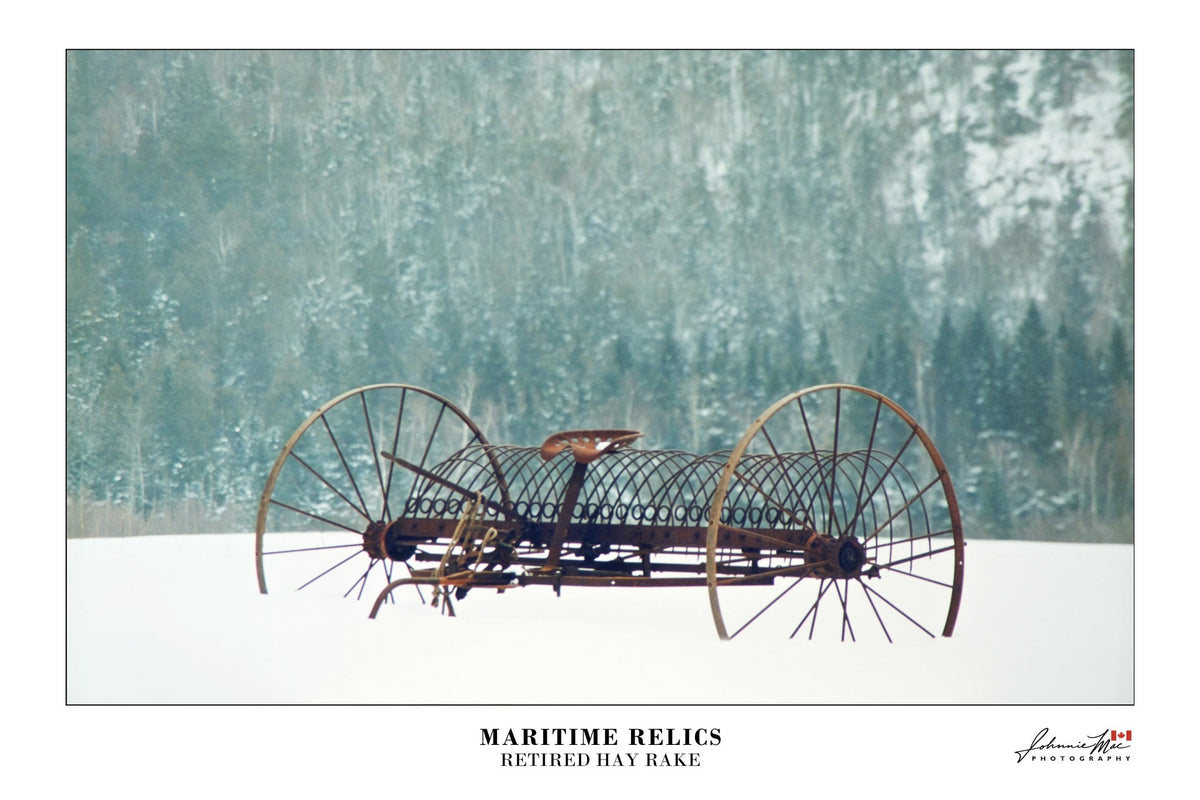 Maritime Relics, Retired Hay Rake print: an old iron hay rake standing in a snowy field