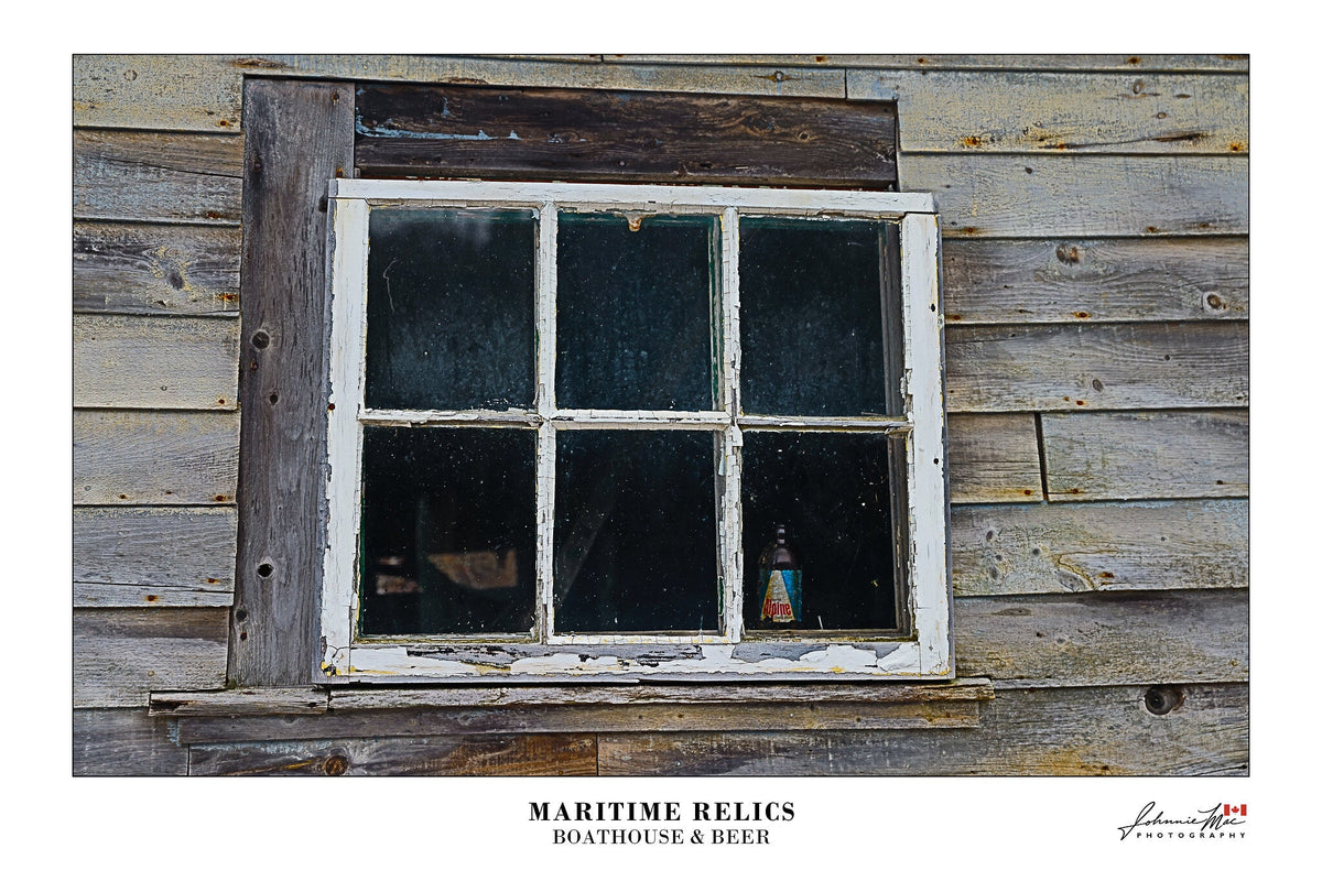 Weathered boathouse window on the New Brunswick coast — Maritime Relics photo print
