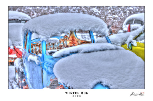 Vintage blue Volkswagen Beetle in the snow — Winter Bug photo print